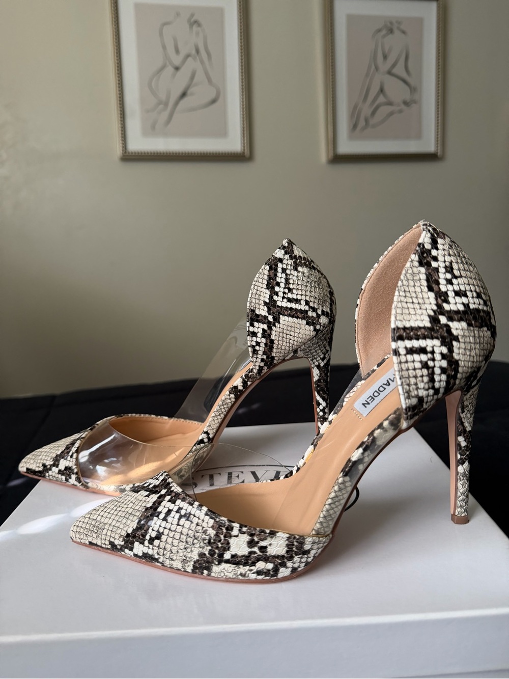 Steve Madden Snake-Print Pointed D'Orsay Stilettos in Black and White